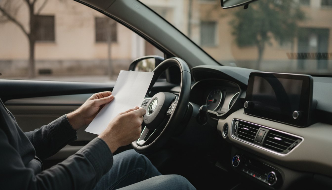 Jovem no banco do motorista segurando papel de notificação de infração de trânsito.